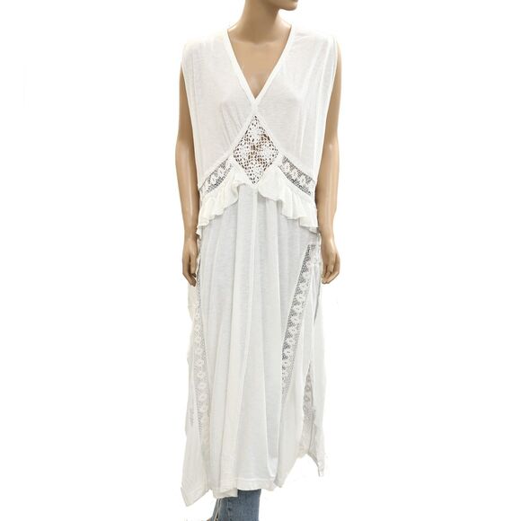 Free People Willow Maxi Top Crochet Lace Ruffle Cotton Jersey Ivory L NWT 284630 - Picture 4 of 9